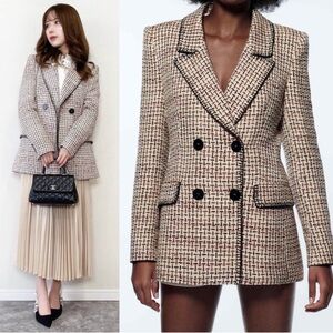 ZARA Cream Pink & Black Textured Tweed Double Breasted Blazer Suit Jacket S